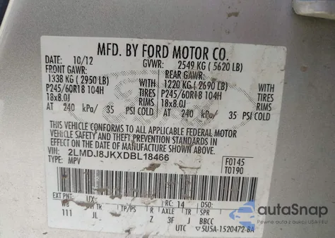 2013 Lincoln Mkx z USA, uszkodzony, nr VIN 2LMDJ8JKXDBL18466